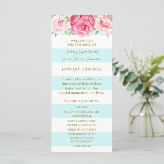Sky Blue Stripes Pink Watercolor Hochzeitsprogramm Programm (Stehend Vorderseite)
