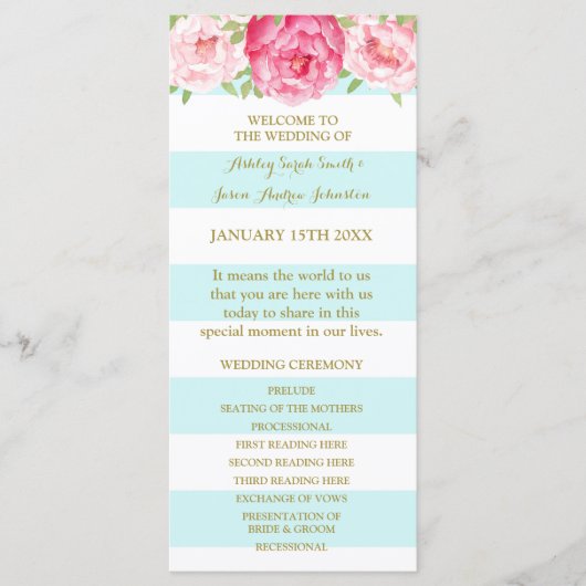 Sky Blue Stripes Pink Watercolor Hochzeitsprogramm Programm (Vorderseite)