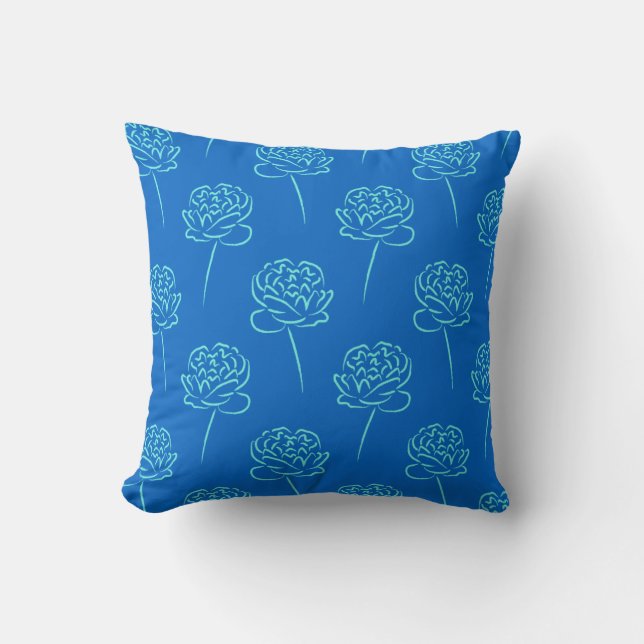 Sky Blue und Aqua Blume Sketch Pillow Kissen (Vorderseite)
