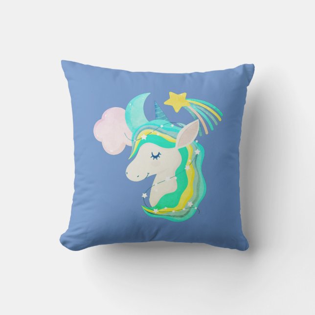 Sky Blue Unicorn Rainbow Throw Kissen (Vorderseite)