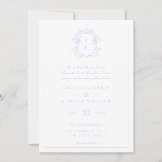 Sky Blue Wappen Monogram Wedding Einladung (Vorderseite)
