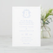 Sky Blue Wappen Monogram Wedding Einladung (Stehend Vorderseite)