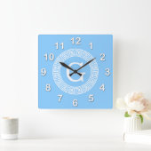 Sky Blue Whelt Griechisch Key Rnd Frame Initial Mo Quadratische Wanduhr (Zuhause)