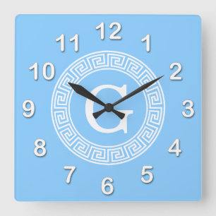 Sky Blue Whelt Griechisch Key Rnd Frame Initial Mo Quadratische Wanduhr