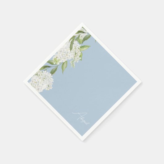 Sky Blue White Floral Script Name Brautparty Serviette (Ecke)
