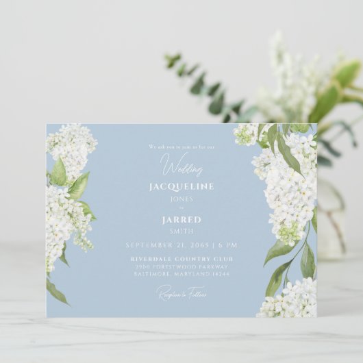 Sky Blue White Hydrangeas Wedding Einladung (Stehend Vorderseite)