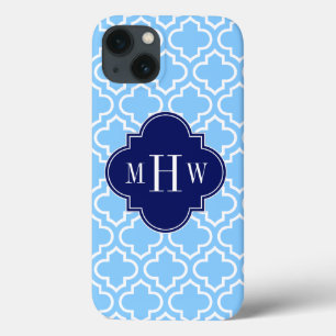 Sky Blue White Marokcan #6 Navy 3 Initial Monogram iPhone 13 Hülle