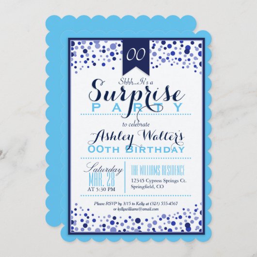 Sky Blue, White, Navy Blue Überraschungs-Party Einladung (Vorne/Hinten)