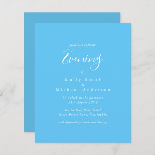 Sky Blue White Script Budget Hochzeitsempfang (Vorne/Hinten)