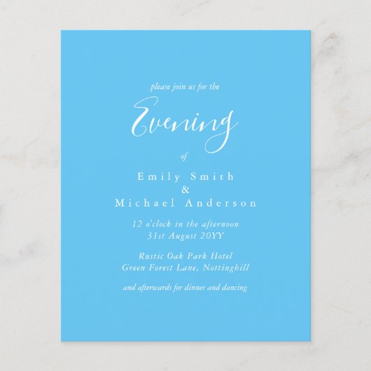 Sky Blue White Script Budget Hochzeitsempfang (Vorderseite)