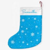 Sky Blue White Snowflakes Stars Muster mit Namen Kleiner Weihnachtsstrumpf (Rückseite)