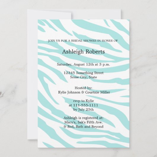 Sky Blue White Zebra Animal Brautparty Einladung (Vorderseite)