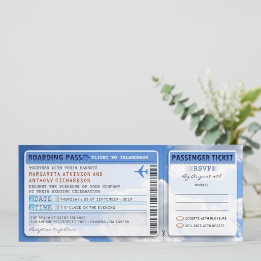 Sky Boarding Pass Hochzeitskarte einladen mit uAwg Einladung (Stehend Vorderseite)
