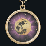 *~* Sky Cosmos Universe Stars Moon Lunar Vergoldete Kette<br><div class="desc">* Energy Enhanced Lunar Cosmos Celestial Luna Space Design GOLD Plated Round Necklace. Das ist ein Design eines lustigen Imitats Gold Foil und Black Moon mit einem weichen Pastel PINK Berst von reflektierendem Heillicht auf einem lila violetten Hintergrundhimmel. Es gibt eine abstrakte Darstellung des Weltraums durch den Einsatz von Gold-Glitzer...</div>