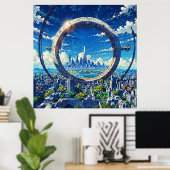 Sky Gate - Futuristische City Illustration Art Poster (Heimbüro)