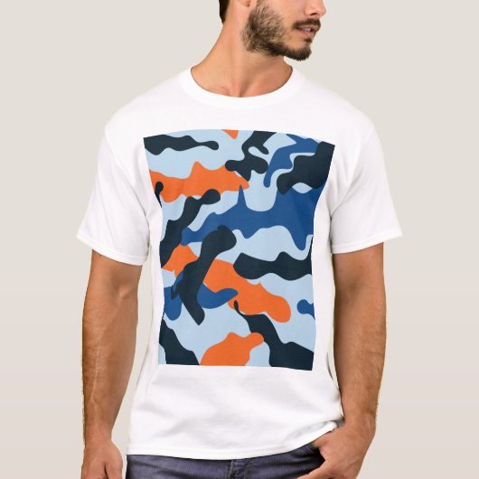 Sky Navy Blue Orange Racing Camouflage Muster T-Shirt (Vorderseite)