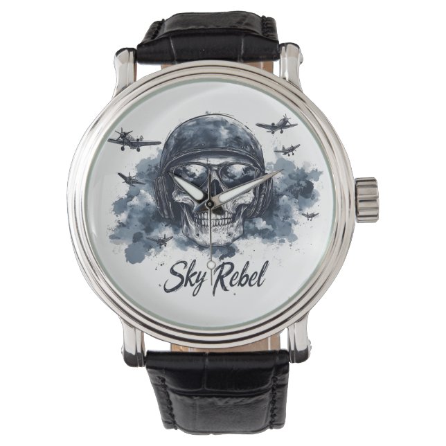 Sky Rebel Skull mit Pilot Helm und Sonnenbrille Armbanduhr (Vorderseite)