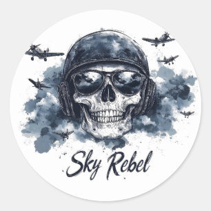 Sky Rebel Skull mit Pilot Helm und Sonnenbrille Runder Aufkleber