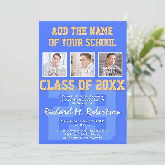 Sky Royal Blue und Gold Athlete Abschluss Einladung (Stehend Vorderseite)