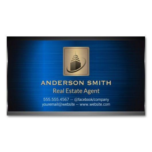 Sky Scraper Gebäude | Blue Metallic Background Magnetische Visitenkarte (Vorderseite)