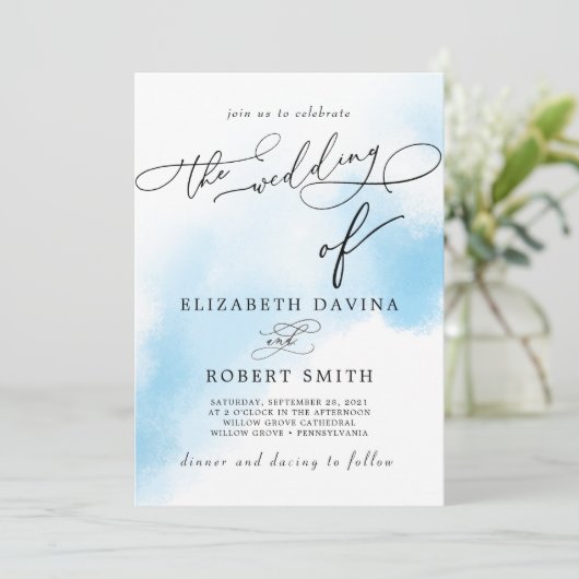 Sky Watercolor Wash und elegante Hochzeit Einladung (Stehend Vorderseite)