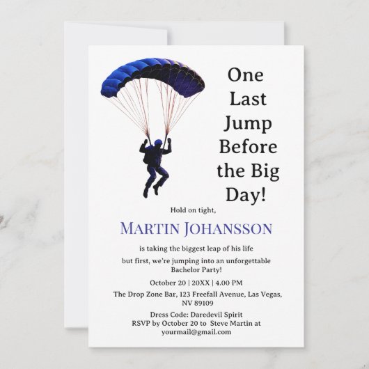 Skydiving Bachelor Party Funny Adventure Theme Einladung (Vorderseite)