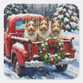 Skye Terrier Christmas Red Truck Holiday Quadratischer Aufkleber (Vorderseite)