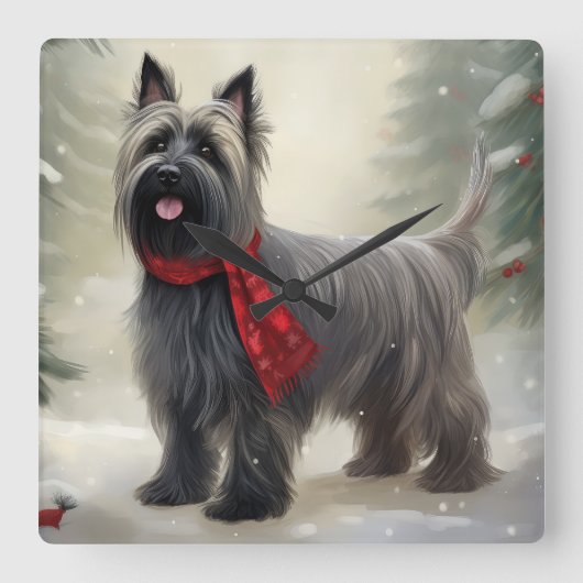 Skye Terrier Dog in Snow Weihnachten Quadratische Wanduhr (Vorderseite)