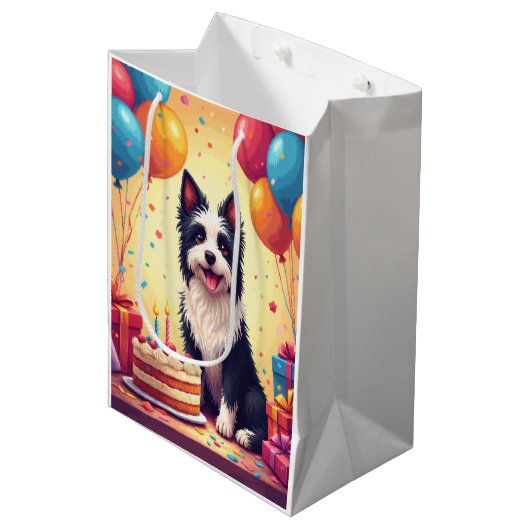 Skye Terrier Geburtstagsfeier Mittlere Geschenktüte (Vorderseite Schrägansicht)