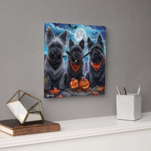 Skye Terrier Halloween Gruselig  Quadratische Wanduhr
