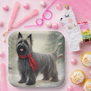 Skye Terrier Hund im Schnee Weihnachten  Pappteller