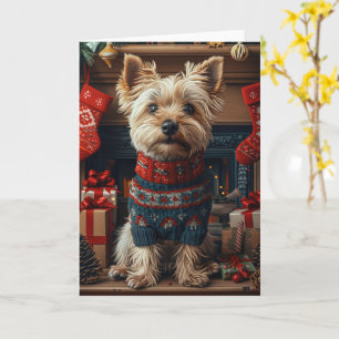 Skye Terrier Hund mit Weihnachtsgeschenken Kamin Karte