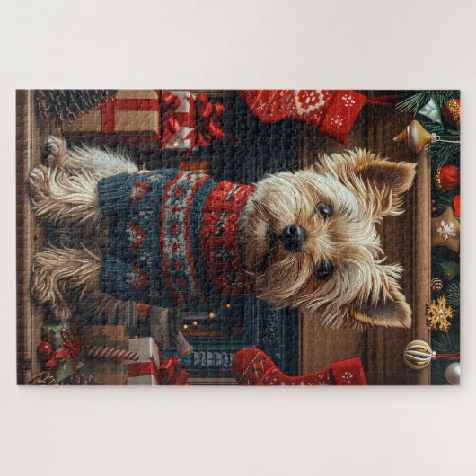 Skye Terrier Hund mit Weihnachtsgeschenken Kamin Puzzle (Horizontal)