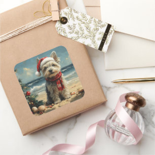 Skye Terrier Hund Weihnachten Vintage Strand Quadratischer Aufkleber