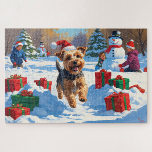 Skye Terrier läuft im Schnee mit Weihnachtsmütze Puzzle