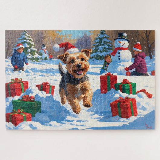 Skye Terrier läuft im Schnee mit Weihnachtsmütze Puzzle (Horizontal)