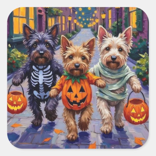 Skye Terrier Trick-or-Treating Halloween Costumes Quadratischer Aufkleber (Vorderseite)