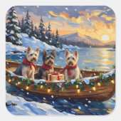 Skye Terrier Weihnachtsboot-Feiertag Quadratischer Aufkleber (Vorderseite)