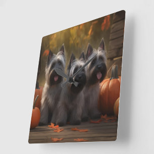 Skye Terrier Welpe Herbstfreude Kürbis Quadratische Wanduhr