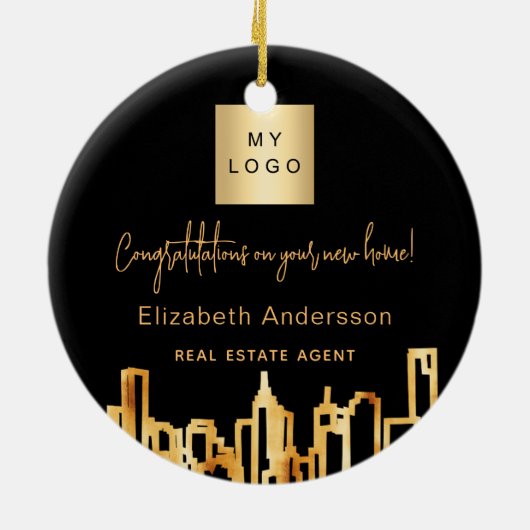 Skyline-Anwesen-Logo der Stadt Schwarzes Gold Keramik Ornament (Hinten)