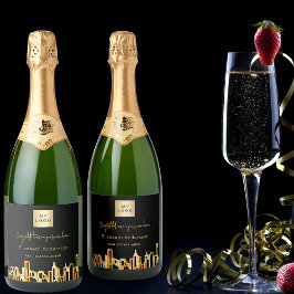 Skyline-Anwesen-Logo der Stadt Schwarzes Gold Schaumweinetikett