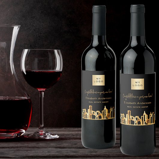 Skyline-Anwesen-Logo der Stadt Schwarzes Gold Weinetikett