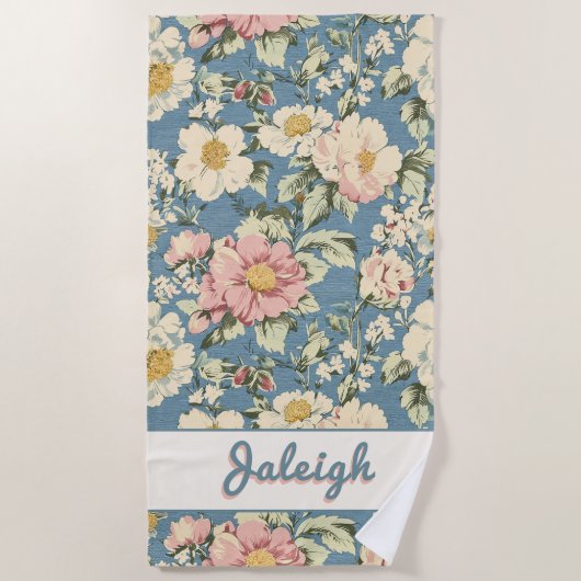 Skyline Blue Retro Floral Shadow Letters Strandtuch (Vorderseite)