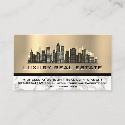 Skyline City | Gold Foil Metallic Marmor Visitenkarte (Vorderseite)