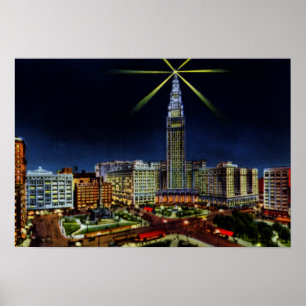 Skyline Clevelands Ohio nachts Poster