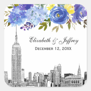 Skyline ESB Ätzung Blau Gelb Floral Aquarell Quadratischer Aufkleber