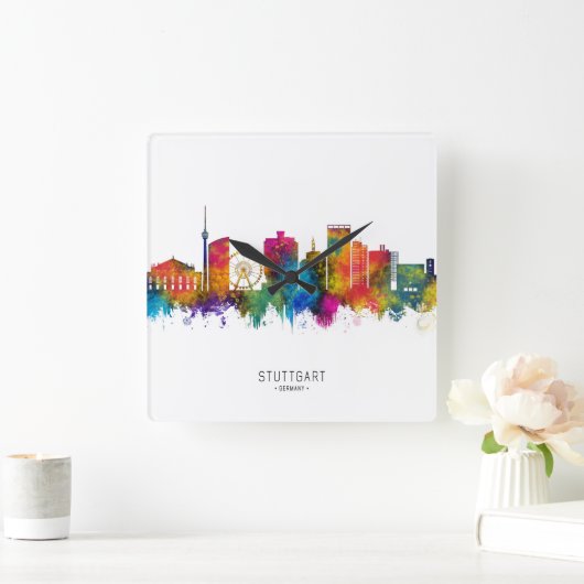 Skyline Stuttgart Quadratische Wanduhr (Zuhause)