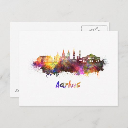 Skyline von Aarhus in Aquarellfarben Postkarte (Vorne/Hinten)