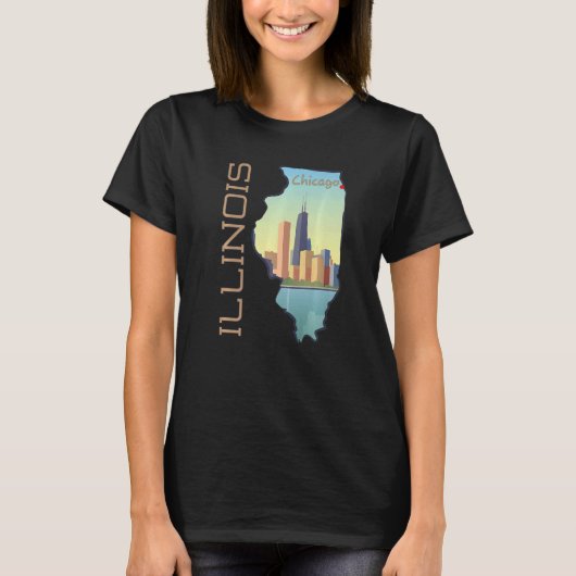 Skyline von Chicago City in Illinois Staat Karte T-Shirt (Vorderseite)