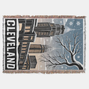 Skyline von Cleveland Ohio Winter Holzschnitt Schw Decke